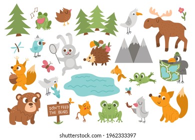 Vector forest animals, insects and birds set. Funny woodland campfire icons collection. Cute forest illustration for kids with mountains, trees, moose, frog, bear, squirrel, hedgehog and fox. 
