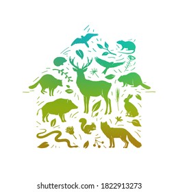  Vector forest animals set. Home for wild animal. Flat animals silhouettes in green colors. World Animal day. Wild planet ecosystem protection. Concept  of wildlife protection and rescue. 