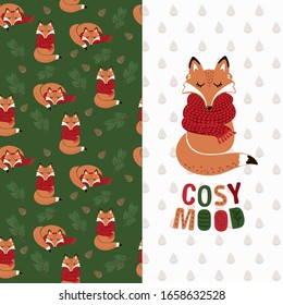 Vector forest background with a cute Fox in pine branches. Banner with a funny Fox in a scarf. Colorful background with forest elements.