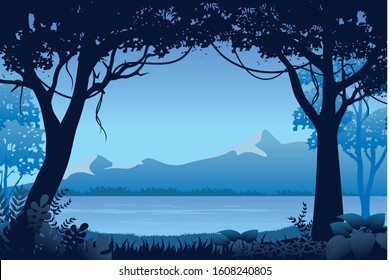 Vector forest background. Nature Classic Blue horizon background, with silhouettes of Trees, bushes, thickets, hill and  mountain