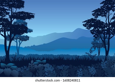 Vector forest background. Nature Classic Blue horizon background, with silhouettes of Trees, bushes, thickets, hill and  mountain
