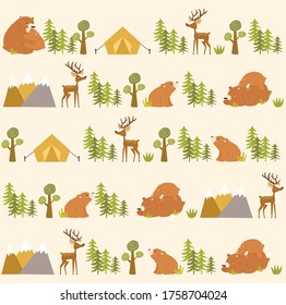 vector forest background. Rest in the forest. tents, mountains, animals. cartoon deer, bears
