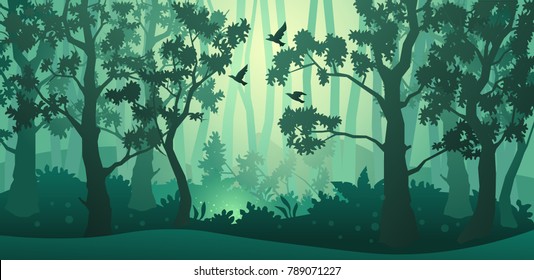 Vector forest background. Trees, bushes and thickets in the form of silhouettes.