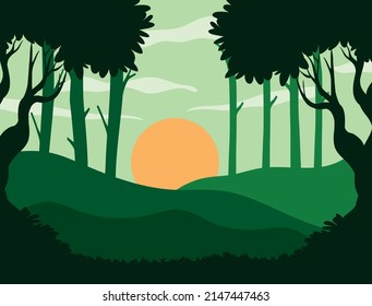 vector forest background Trees, shrubs and hills behind, flat illustration in silhouette. landscape illustration