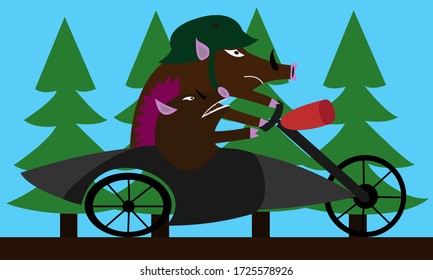 
vector forest biker motorcycle christmas tree road boars background green brown gray pig wheels