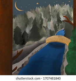 Vector forest book illustration with christmas trees and pines, yellow bridge, river, stars at night