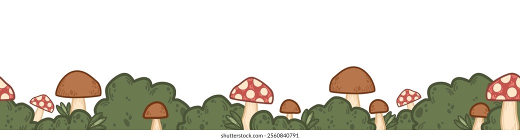 Vector forest border with mushrooms and foliage. Seamless horizontal pattern. Minimalistic toadstools among lush green bushes in simple cartoon style. Perfect for nature, woodland, fairytale designs