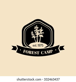 Vector forest camp logo. Tourism sign with hand drawn pines. Retro hipster emblem, badge, label of outdoor adventures.