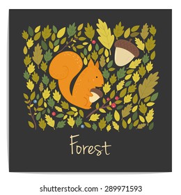 Vector forest card with acorns, leaves and squirrel. Dark background