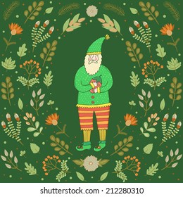 Vector forest card with cute dwarf and different leaves, berries, branches and flowers. Autumn background.