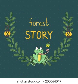 Vector forest card with cute frog, butterfly,, lanterns and wreath from branches. Beautiful dark background with hand drawing forest animal