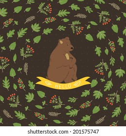 Vector forest card with leaves, branches, berries, cute smiling bear, ribbon and text "Hello". Invitation template with cartoon character and frame from leaves.