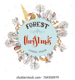 Vector forest Christmas background. Cute woodland animals and trees on the Earth. Christmas tree in winter forest. Santa Claus with big sack full of gifts. Cute animals in hats and scarfs.