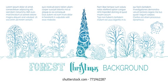 Vektorwald, Weihnachtshintergrund. Waldtiere in Hüten und Schals. Winterbäume und Weihnachtsbaum. Weihnachtsmann mit großem Sack voller Geschenke. Füchse, Hasen, Hirsche, Eule, Eichhörnchen und Igel