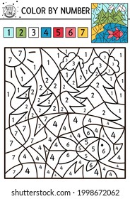 Vector forest color by number activity with fir trees, river, sun and bird red fish. Summer road trip coloring and counting game. Funny coloration page for kids with nature scene. 
