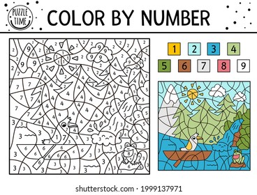 Vector forest color by number activity with trees, mountains, river waterfall and bird in a boat. Summer road trip coloring and counting game. Funny coloration page for kids with nature scene