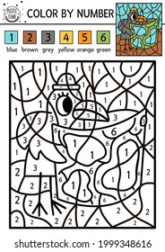 Vector forest color by number activity with raven looking in the map. Summer road trip coloring and counting game with comic woodland bird. Funny coloration page for kids with nature scene. 
