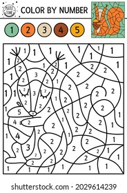 Vector forest color by number activity with squirrel and acorn. Autumn woodland counting game with cute animal. Funny fall or farm coloring page for kids. 
