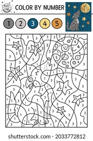 Vector Forest Color By Number Activity With Wolf Howling At The Moon. Woodland Counting Game With Animal In The Night. Funny Nature Scene Coloring Page For Kids. 
