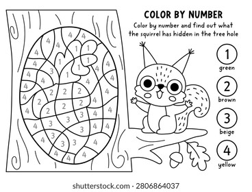 Vector forest color by number line activity with squirrel sitting on oak twig. Woodland black and white counting or colouring game, coloring page for kids with tree hollow with acorn inside
