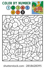 Vector forest color by number activity with moose or elk drinking water. Woodland black and white counting, colouring game. Cute coloring page for kids. Line printable worksheet with wild animal