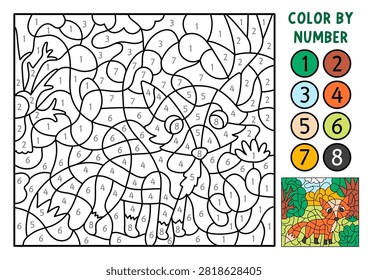 Vector forest color by number activity with fox and nature scene. Woodland black and white counting, colouring game. Cute coloring page for kids. Line printable worksheet with wild animal