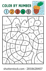 Vector forest color by number activity with acorn with leaf. Woodland or autumn black and white counting or colouring game, coloring page for kids with cute berry plant