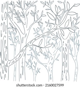 Vector forest coloring page with the bunch of trees. Ready to print.