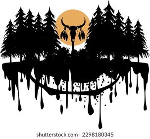 Vector - Forest with cow skull with feathers on a pole - Abstract Underworld