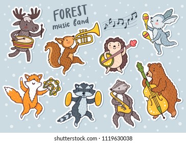 Vector forest dancing animals: fox, raccoon, badger, bear, rabbit, hengehog, squirrel, moose. Set of cute woodland animals with music instruments. Childish illustration. Funny cartoon characters.