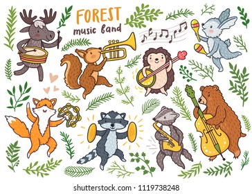 Animales de baile del bosque vectorial: zorro, mapache, badger, oso, conejo, hengehog, ardilla, alce. Conjunto de lindos animales de bosque con instrumentos musicales. Ilustración infantil. Graciosos personajes de caricaturas.