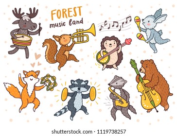 Vector forest dancing animals: fox, raccoon, badger, bear, rabbit, hengehog, squirrel, moose. Set of cute woodland animals with music instruments. Childish illustration. Funny cartoon characters.