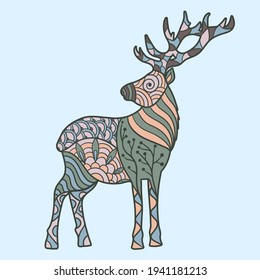 Vector forest deer with abstract patterns on a blue background, zenart