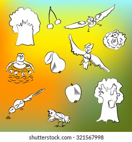 Vector forest design, cute birds in childish style. Cartoon set EPS10.