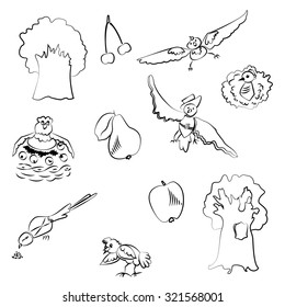 Vector forest design, cute birds in childish style. Cartoon set EPS10.