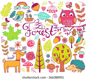 Vector forest design  elements in doodle style, hand-drawn animals and insects, trees and plants