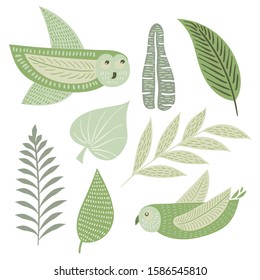 Vector Forest Design Elements. Trees, Branches, Leaves, and Owls