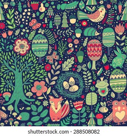 Vector forest design, floral seamless pattern with forest animals:  frog, fox, owl, rabbit, hedgehog. Vector background with butterflies,bugs, bees, trees and flowers in childish style.