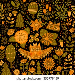 Vector forest design, floral seamless pattern with forest, flowers, owl, trees. Vector background with butterflies, bugs, trees and flowers in childish style
