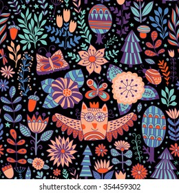Vector forest design, floral seamless pattern with forest, flowers, owl, trees. Vector background with butterflies, bugs, trees and flowers in childish style