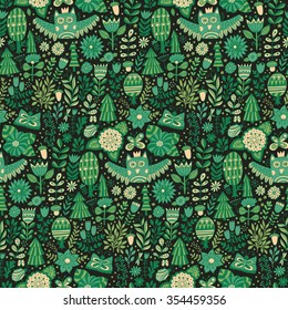 Vector forest design, floral seamless pattern with forest, flowers, owl, trees. Vector background with butterflies, bugs, trees and flowers in childish style