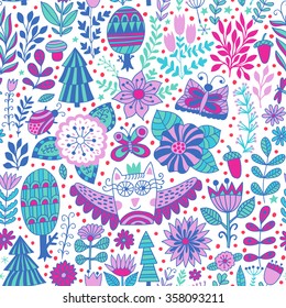 Vector forest design, floral seamless pattern with forest, flowers, owl, trees. Vector background with butterflies, bugs, trees and flowers in childish style