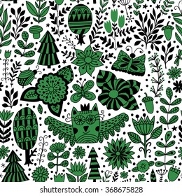 Vector forest design, floral seamless pattern with forest, flowers, owl, trees. Vector background with butterflies, bugs, trees and flowers in childish style