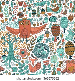 Vector forest design, floral seamless pattern with forest animals. Vector background with butterflies,bugs, bees, trees and flowers in childish style.