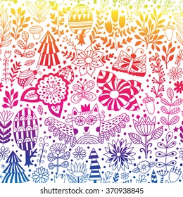 Vector forest design, floral seamless pattern with forest, flowers, owl, trees. Vector background with butterflies, bugs, trees and flowers in childish style