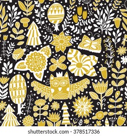 Vector forest design, floral seamless pattern with forest, flowers, owl, trees.