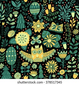 Vector forest design, floral seamless pattern with forest, flowers, owl, trees. 