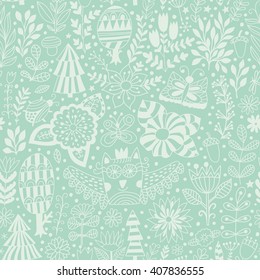 Vector forest design, floral seamless pattern with forest, flowers, owl, trees. Vector background with butterflies, bugs, trees and flowers in childish style