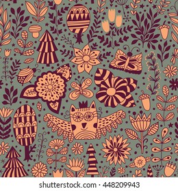 Vector forest design, floral seamless pattern with forest, flowers, owl, trees. Vector background with butterflies, bugs, trees and flowers in childish style