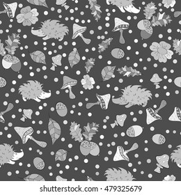 Vector forest design, floral seamless pattern with forest mushrooms, acorns,  hedgehog.  background  in childish style.